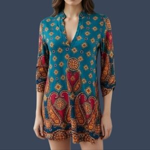 NOW N FOREVER Turquoise Paisley Split Neck Half Sleeve Tunic Blouse